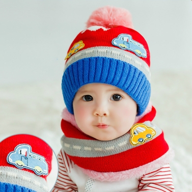 Neue süße Baby Girl Boy gestrickter Hut Schal Set Auto Muster Fleece Warm Cap-Hals wärmer Zweiteiliges Set