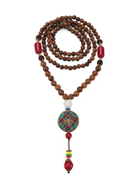 Women Bead Necklace Wooden Long Necklace Vintage Boho Mala Meditation Necklaces