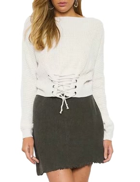 Sexy Women Knitted Sweater Slash Neck Lace-Up Bandage Long Sleeve Casual Off Shoulder Pullover Knitwear