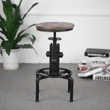 iKayaa Metal Industrial Bar Stool Height Adjustable Swivel Pinewood Top Kitchen Dining Chair Pipe Style Barstool W/ Footrest