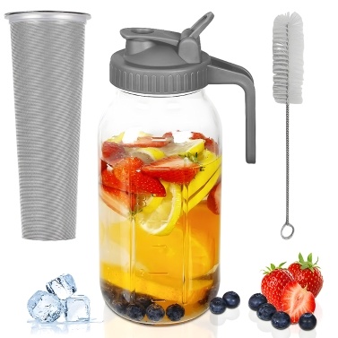 Glass Mason Jar Pitcher with Lid 1 Quart (32oz / 1L) Wide Mouth Leak Proof Water Jug with Filter Lid Cold Brew Pitcher for Water / Juice / Milk / Tea / Iced Coffee and Drinks