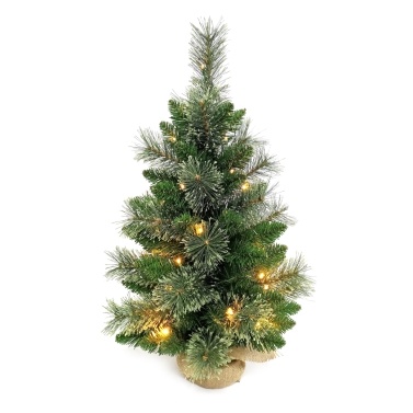 24 Inch Small Christmas Tree with Floral Pine Needles Warm White LED Light String Burlap Wrapped Base Christmas Ornament for Table Top Desk Classic Series Holiday Decoration