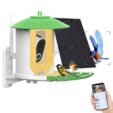 Solar Powered Smart Bird Feeder with 1080P HD Night Vision Camera AI Identify Bird Species Feeder IP65 Waterproof (without TF Card)