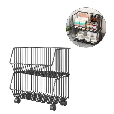 2 Tier Fruit Basket for Kitchen Storage Cart Stackable Metal Wire Storage Basket Snacks Organizer Baskets with Rolling Wheels Potato Onion Storage Bins Rack for Kitchen Living Room Home Office