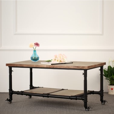 iKayaa Natural Pinewood Top Tea Coffee Table with Storage Steel Frame Living Room Cocktail Table Furniture W/Lockable Caster 40*20"(L*W)