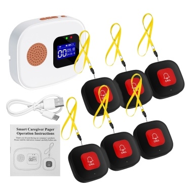 WiFi Wireless Caregiver Pager with Call Buttons for Elderly Monitoring APP Remote Control Nurse Call Button System LCD Display Screen 1 Receiver and 6 SOS Call Buttons (Only Supports Wi-Fi 2.4GHz)