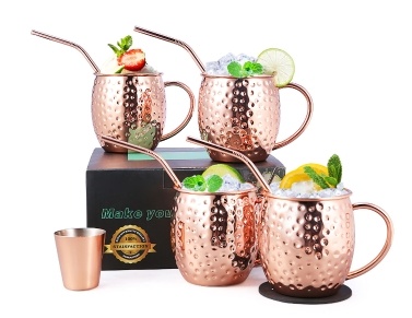 Esonmus Moscow Mule Copper Mugs Set of 4 Handcrafted Copper Mugs for Moscow Mule Cocktail Food Safe Mule Mugs 16 oz Gift Set with 1 Jigger 4 Straws 4 Coasters