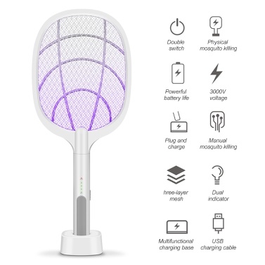 Electric Bug Zapper Racket, Mosquito Killer, Fruit Fly Swatter Zap, Two-In-One USB Rechargeable Electronic Swatter Pest Control, LED Lighting Lamp, 3 Layer Safety Mesh Safe to Touch