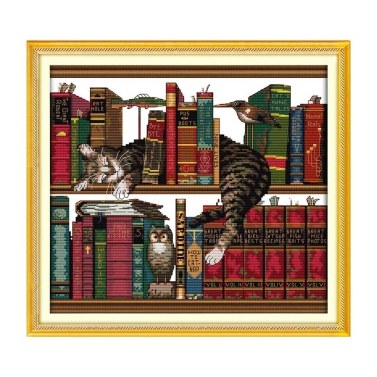 DIY Handmade Needlework Counted Cross Stitch Set Embroidery Kit 14CT Cat on Bookshelf Pattern Cross-Stitching 41 * 38cm Home Decoration