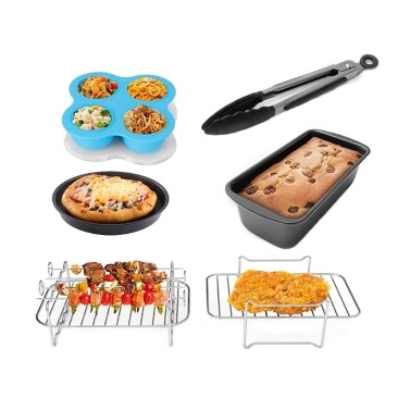7 PCS Non-Stick 8 Inch Air Fryer Accessories Set Cake Baking Barrel Pizza Cupcake Pans Skewer Toast Racks Liners Replacement for Ninja Foodi DualZone DZ201/401 Dual Basket Air Fryer