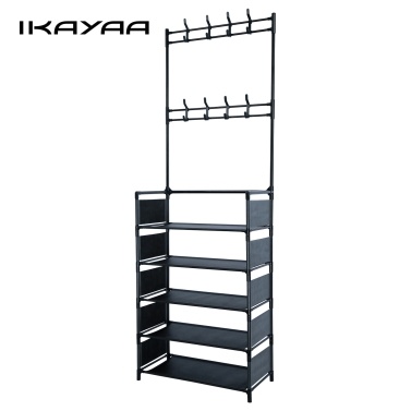 5 Tiers Metal Shoe Rack Hat Rack Adjustable Hall Tree with 16 Metal Hanger Hooks Side Cover for Entryway Bathroom Living Room Easy Assembly Black