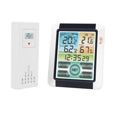 Wireless Indoor Outdoor Hygrometer Thermometer Temperature Humidity Display Monitor Digital Weather Forecast Station Clock Atomic Alarm Clock with Colorful Touchscreen Adjustable Backlight