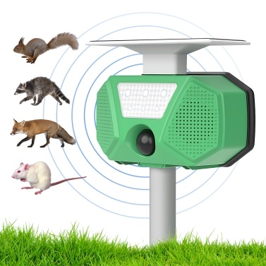 Solar Mole Repellent Ultrasonic Outdoor Pest Bird Squirrel Animal Repeller IP66 Waterproof 110° PIR Sensor Auto Motion Detection with Flash LEDs Voice Alarm Detachable Rod