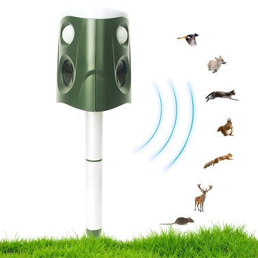 Solar Mole Repellent Ultrasonic Outdoor Pest Bird Squirrel Animal Repeller IP66 Waterproof 360 Degree PIR Sensor Auto Motion Detection with Flash LEDs Voice Alarm Detachable Rod