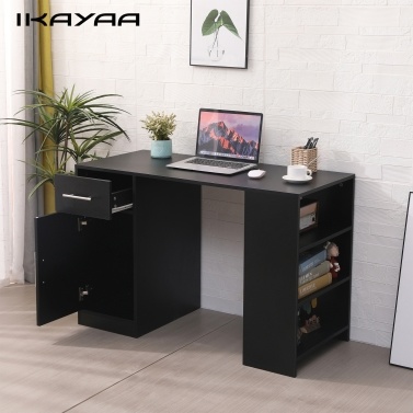 Ikayaa Minimalist Style Writing Desk with 3-tier Open Side Bookshelves 2 Drawers Home Office Computer-Desk Writing Table Study Workstation for Small Limited Places