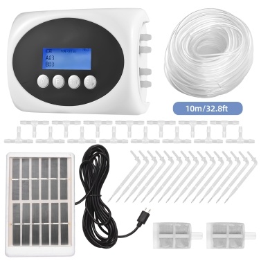 3W Solar Automatic Watering Device Dual Pump Timed Irrigator for 15 Pots LCD Display USB/Solar Panel Powered Drip Irrigation Kits 10m Tube Length for Flowers Plants