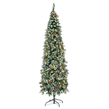 6.5 Ft Pre-Decorated Pencil Christmas Tree Pre-Lit Holiday Tree with Clear Lights Collapsible for Easy Storage Pinecones 699 PVC Flocked Frosted Tips 350 LED Warm White Lights Included Slim Modern Sty