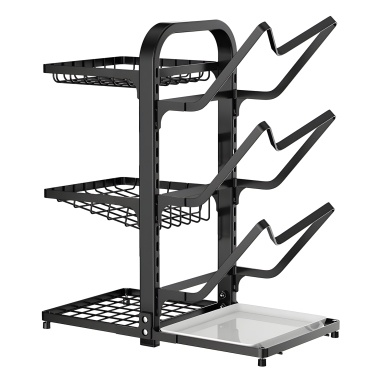 Spice and Pot Cover Rack Carbon Steel 2-Sided 6-Tier Pantry Plates Spice Rack for Cabinet Adjustable Height Multi-Tier Pot Lid Organizer with Water Drip Tray