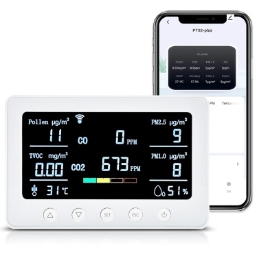2.4GHz WiFi Air Quality Monitor 8-in-1 CO2/CO/PM2.5/PM1.0/TVOC/Pollen/Temperature and Humidity Meter with Alarm Smart Tuya APP NDIR Sensor Portable RS485 Data Logger Indoor Air Quality Detector