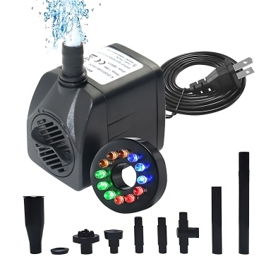 Submersible Water Pump with Colorful Light Multiple Nozzle Electric 1000L/H Fountain Pump with Max 4.9ft Lift and Suction Cup Base, Portable Mini Pump for Fish Tank, Pond, Aquarium, Pet Drinking