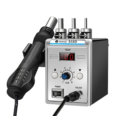 858D Soldering Station with Hot Air Gun and 3 Nozzles Digital LCD Display 700W Soldering Iron Kit Temperature and Air Volume Adjustable PID Program Hot Air Rework Station
