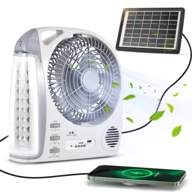 Multifunctional 6-in-1 Portable Fan with LED Light Solar Powered Rechargeable 2 Wind Speed and Brightness Adjustable Electric Outdoor Fan Support TF Card/USB/FM Radio/BT for Camping Fishing Emergency