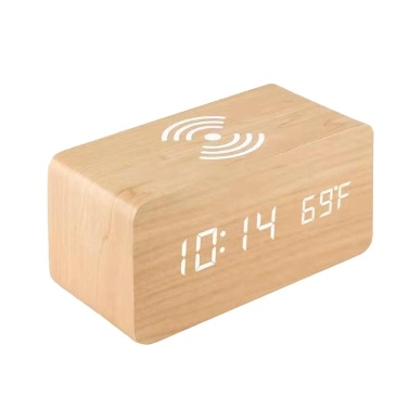 Digital Wooden Alarm Clock Electronic LED Time Display for Bedroom 10W Wireless Charging 3 Alarm Settings Date&Temp Display, Yellow