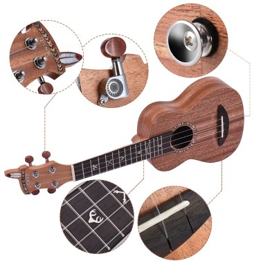 21 "Acoustic Wooden Sopran Ukulele Ukelele Uke Mahagoni Holz Carbon String mit gepolsterten Tragetasche Strings Strap Clip-on Tuner