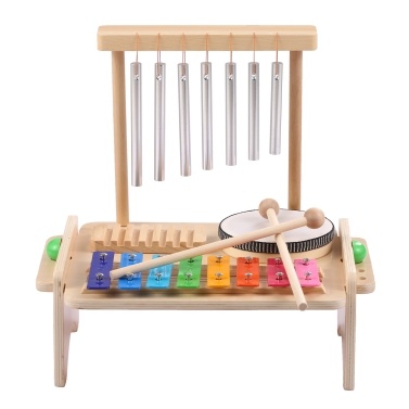 Wind Chime Combination Set Kids Drum Set Windchime Xylophone Drum Wood Guiro Scraper 4-in-1 Musical Instruments Set