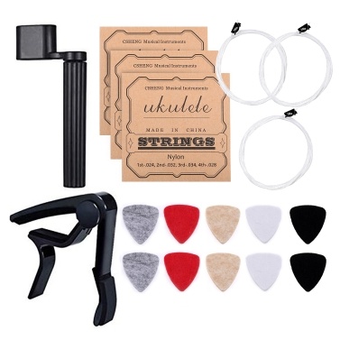 Guitar/Ukulele Tool Kit 10pcs Soft Felt Ukulele Picks(Random Color) 3 Set of Strings(4pcs/Set) 1pc Clip-on Capo 1pc String Winder for 21/23/26 Inch Ukulele Guitar More