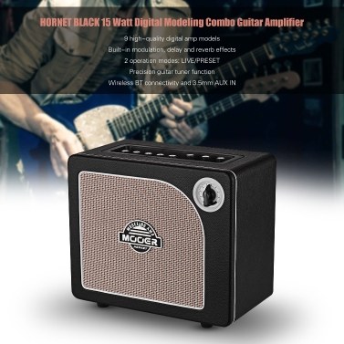 MOOER HORNET BLACK 15 Watt Digital Modeling Combo Guitar Amplifier Speaker 9 Amp Models Built-in Modulation Delay Reverb Effects Guitar Tuner Live/Preset Modes BT Connection AUX IN
