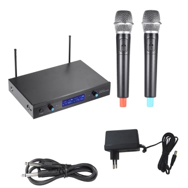 2-Channnel Handheld Wireless UHF Microphone Mic System 2 Microphones 1 Receiver LCD Display with 6.35mm Audio Cable Power Adapter for Karaoke Meeting Party
