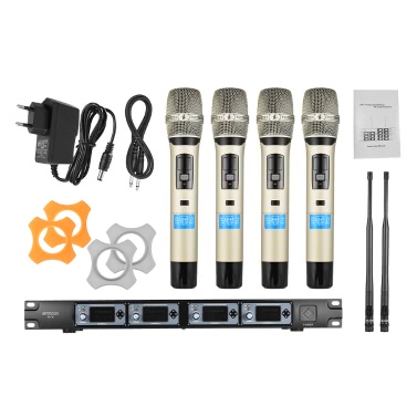 ammoon 4D-B Professional 4 Channel UHF Wireless Handheld Microphone System 4 Microphones 1 Wireless Receiver 6.35mm Audio Cable LCD Display for Karaoke Family Party Presentation Performance Public Address