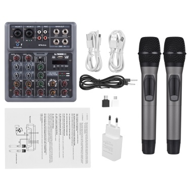 Audio Mixer 6 Channel Mixing Console with 2 Wireless Microphone BT Mixer