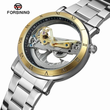 FORSINING Luxury Skeleton Automatic Mechanical Men Watch Self-Wind Stainless Steel/Genuine Leather Man Business Wristwatch + Box