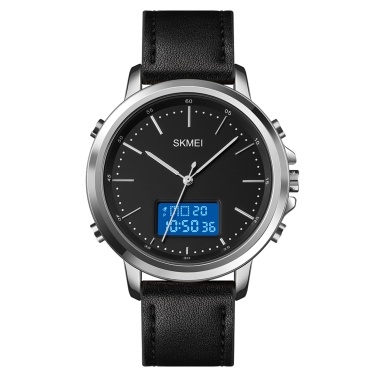 SKMEI Mens Watch Minimalism Analog Digital Watch with Alarm Stopwatch LED Backlight Leather Strap Classic Electronic Wrist Watch