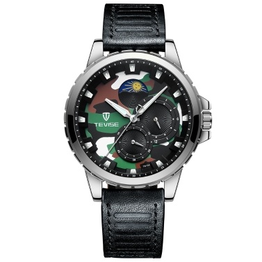 TEVISE T815A Stainless Steel Watch Wrist Watch Top Brand Luxury Quartz Watch Men Casual Leather Luminous Waterproof Moon phase Watch