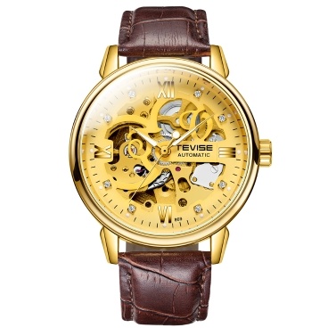 TEVISE T869 Men Watches Automatic Mechanical Skeleton Watch Genuine Leather Band