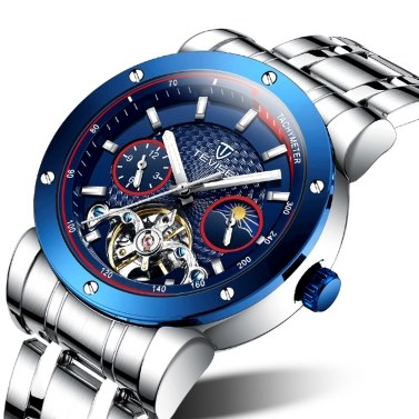TEVISE Men Automatic Mechanical Watch with Flywheel Stainless Steel Strap Time Moon Phase Display Luminous Pointer 3ATM Waterproof Male Fashion Watch Exquisite Business Wristband Luxury Masculine Watches