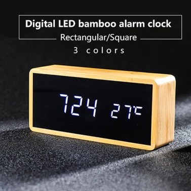 Digital LED Bamboo Alarm Clock Wooden Rectangle Clock Multifunctional Noiseless Mirror Clock