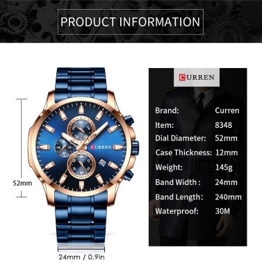 CURREN 8348 Quartz Man Wristwatch Watches with Stainless Steel Strap Band Watch for Male Date Calendar Indicator Three Sub-Dials Second Minute Microsecond Chronograph Waterproof Luminous Hands Wearable Accessories