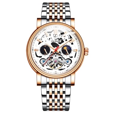 TEVISE Men Automatic Mechanical Watch Stainless Steel Strap Time & Moon Phase Display Luminous Design 3ATM Waterproof Male Fashion Watches for Business & Daily Life (Box Packaged)