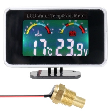 Car LCD Digital Display Water Temperature Meter Thermometer Voltmeter Gauge 2in1 Temp & Voltage Meter 1/8 10mm Thread Sensor