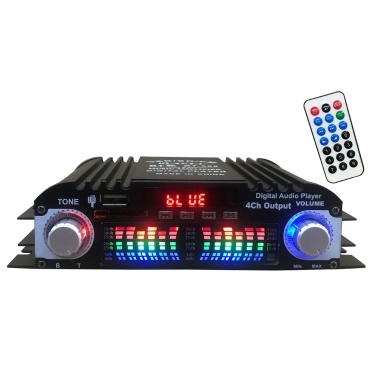 Car BT5.0 Audio Power Amplifier 4 Channel Home Theater Stereo Receiver 12 V with FM Radio USB/SDCard/AUX-in LCD Display