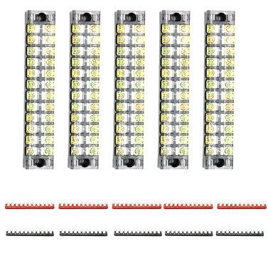 10pcs(5 Sets)-5pcs 600V 15A 12 Positions Double Row Screw Terminal Strip with Cover+5pcs 600V 15A 12 Positions Black Red Pre-Insulated Terminal Barrier Strip