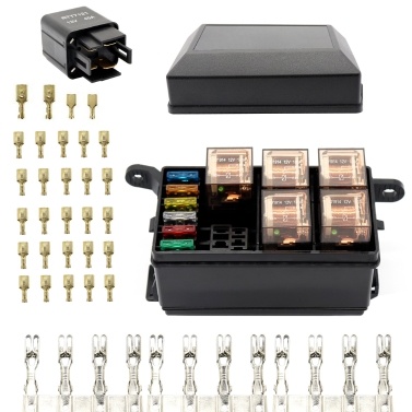 12-Slot Relay Box 6 Relays Slots 6 ATC/ATO Standard Fuses Holder Block with 6Pcs Relays, 6Pcs Fuses Universal for Automotive and Marine Use