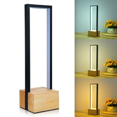 Black Aluminum Frame Wooden Base Bedroom Touch Control Nightstand Lamp 3 Color Temperature Dimmable LED Table Lamps