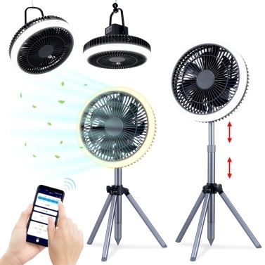 Smart Outdoor Camping Fan Light Floor Standing Fan Lamp with Adjustable Height Tripod Rechargeable 15000mAh Battery APP Control Adjustable Light Color Wind Speed 2H/4H/6H Timer