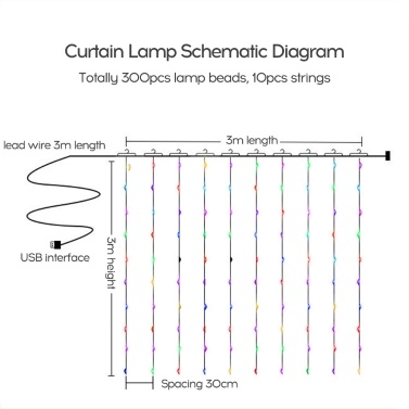 3*3-m USB Music Sound Control String Light Starry Curtain Lamp with Remote Home Decoration Lamp