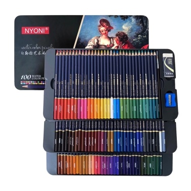 NYONI Professional Watercolor Pencils Set 12/24/36/48/72/100 Colored Pencils Water Soluble Color Pencils with Brush and Metal Box Art Supplies for Children Students Artists Adults for Drawing Sketchin
